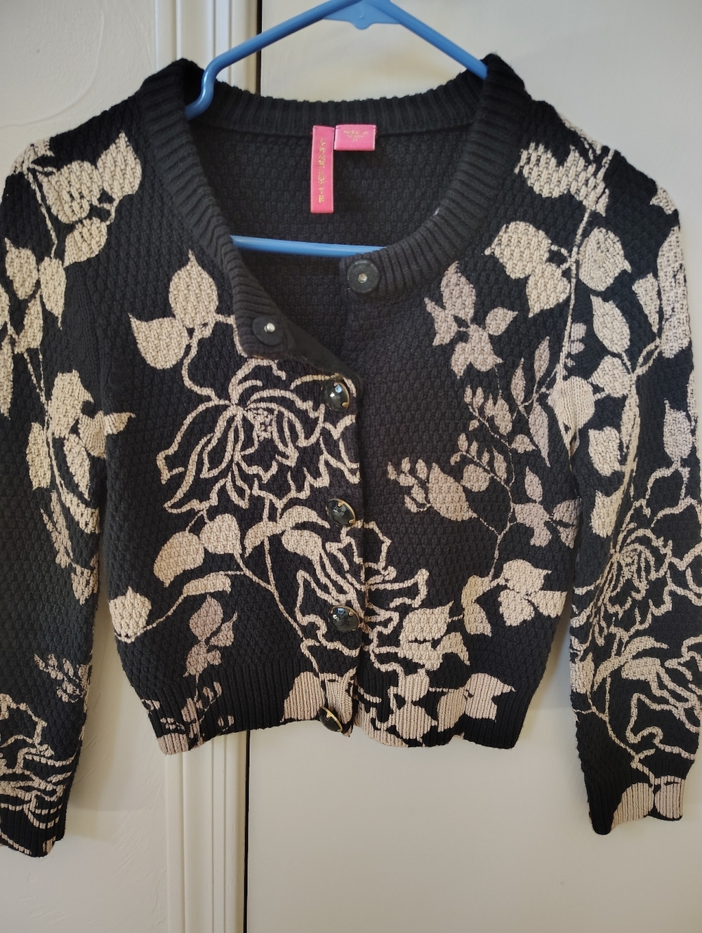Charlotte Black Beige Floral Knit Button Cardigan Sweater Long Sleeve M